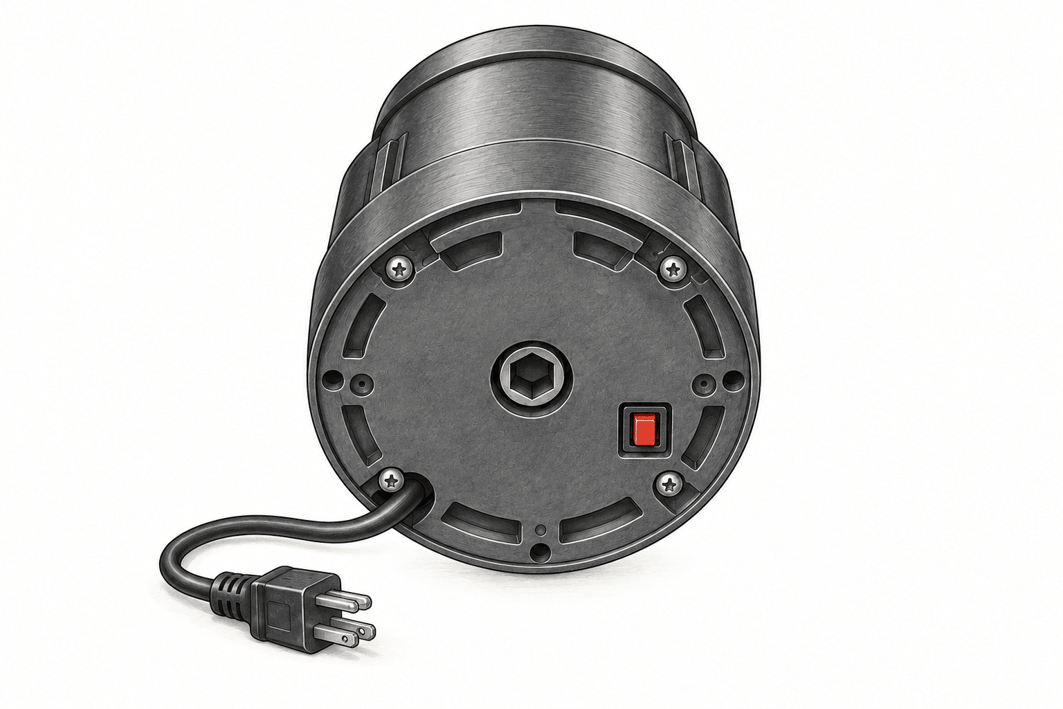 Generic disposal underside with a central manual-turn hex socket, a separate reset button and an unplugged power cord.