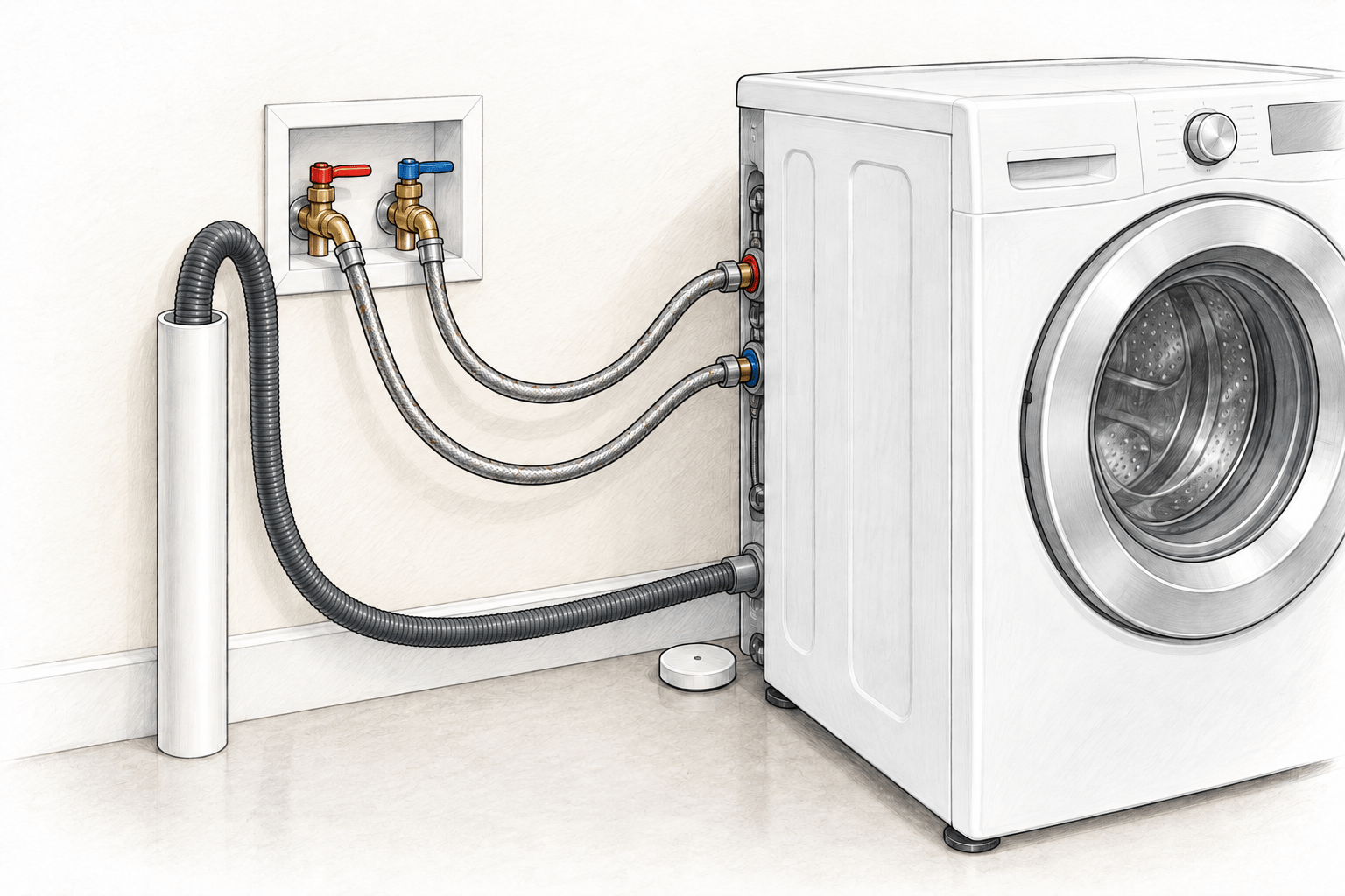 Washer connection illustration showing water valves, braided hoses, an open drain standpipe and a floor leak sensor.