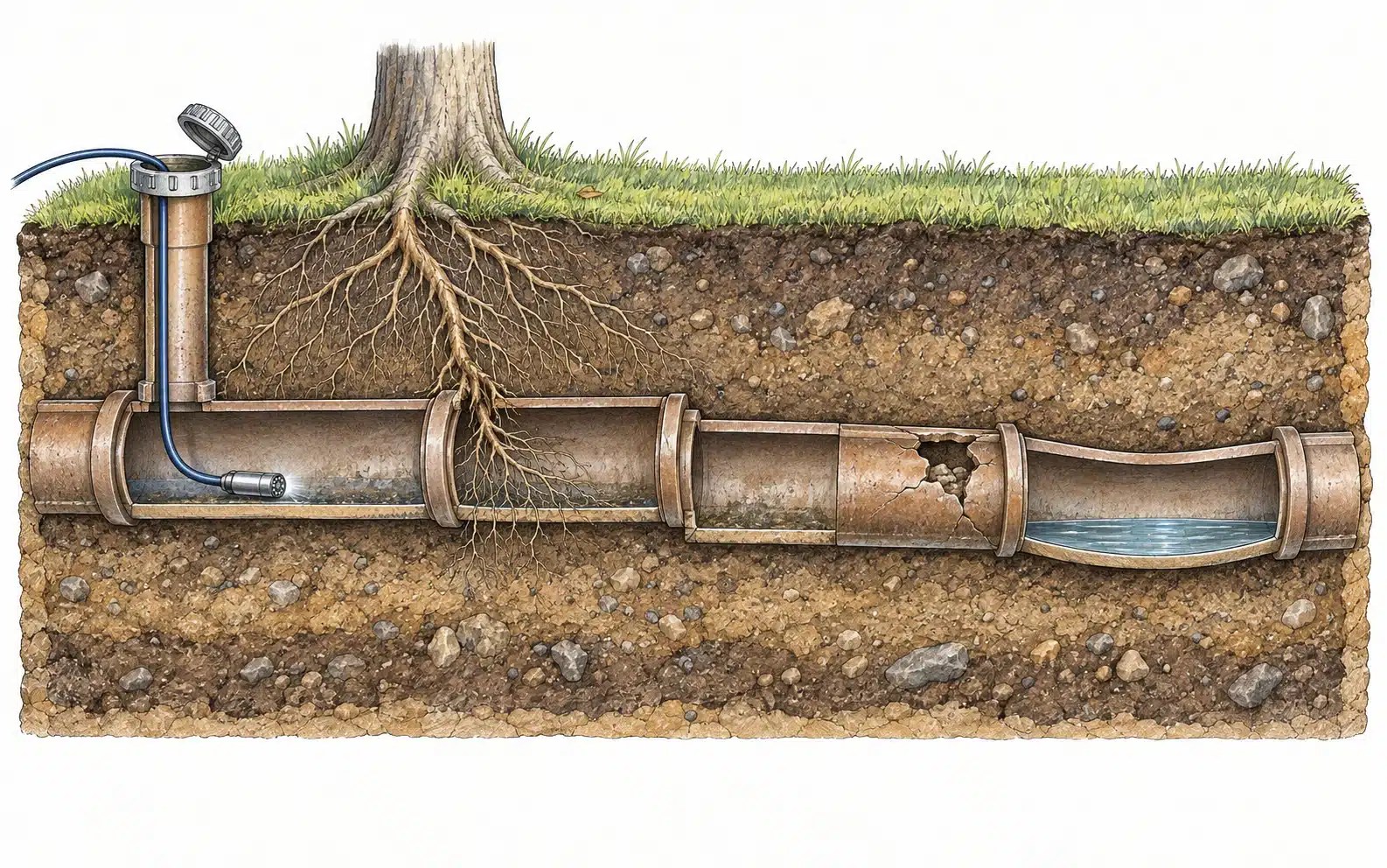 Sewer pipe and camera cutaway