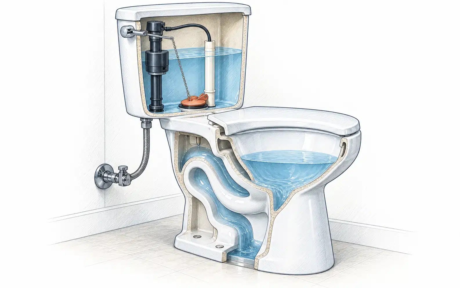 Toilet tank and trapway cutaway