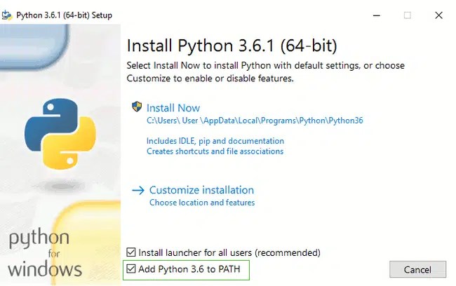 Instalador de Python en Windows con la opción Add Python to PATH marcada