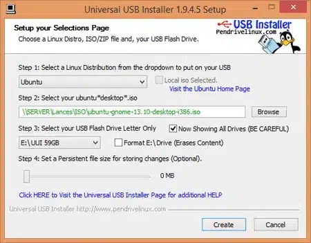 Ventana principal de Universal USB Installer con selección de distribución, ISO y unidad de destino
