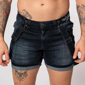 Dark Brushed Denim Homar Shorts with Tartan Fashion Straps by TigerXHorse Denim