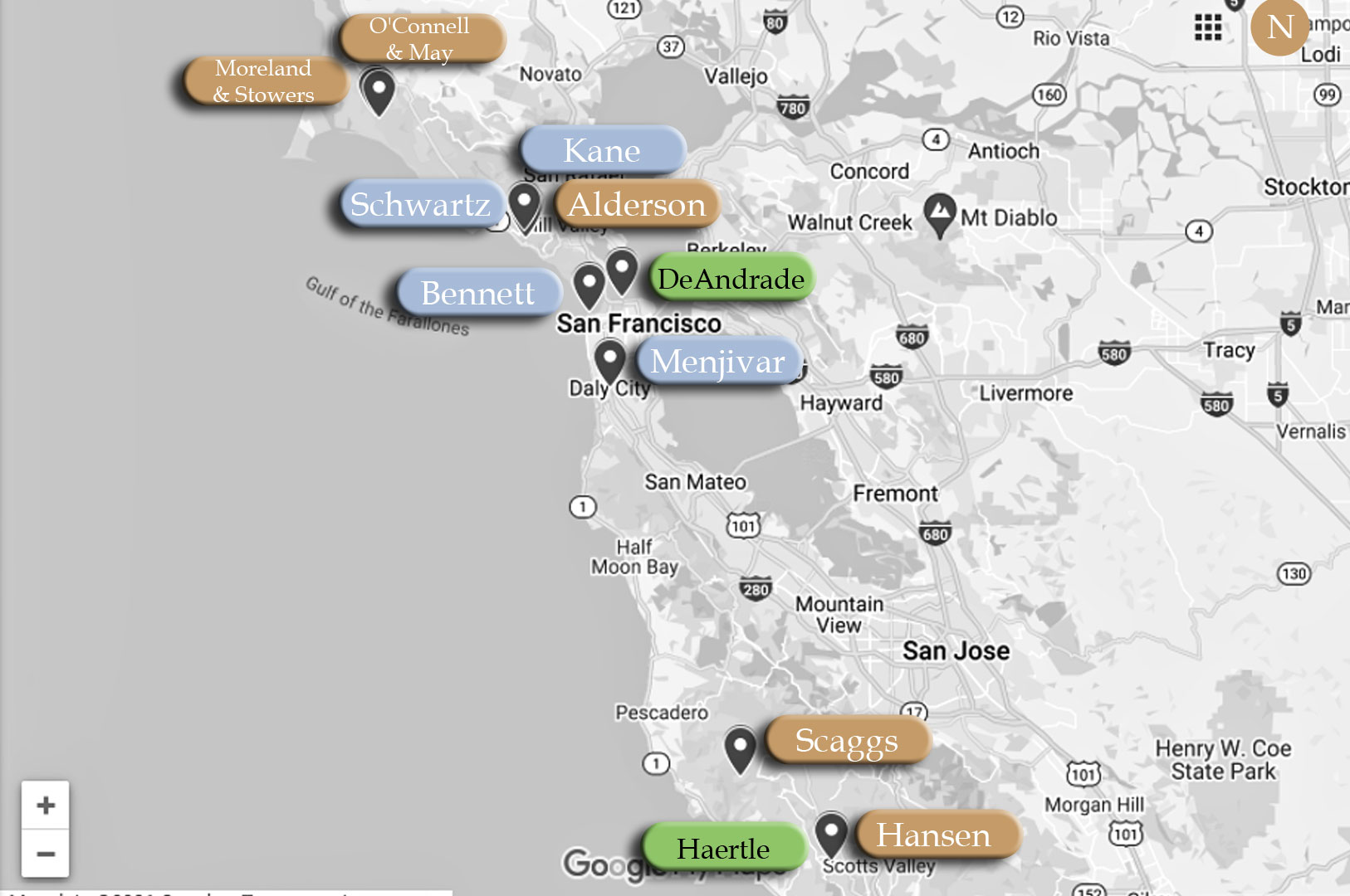 Map of the locations of The Trailside Killer's victims
