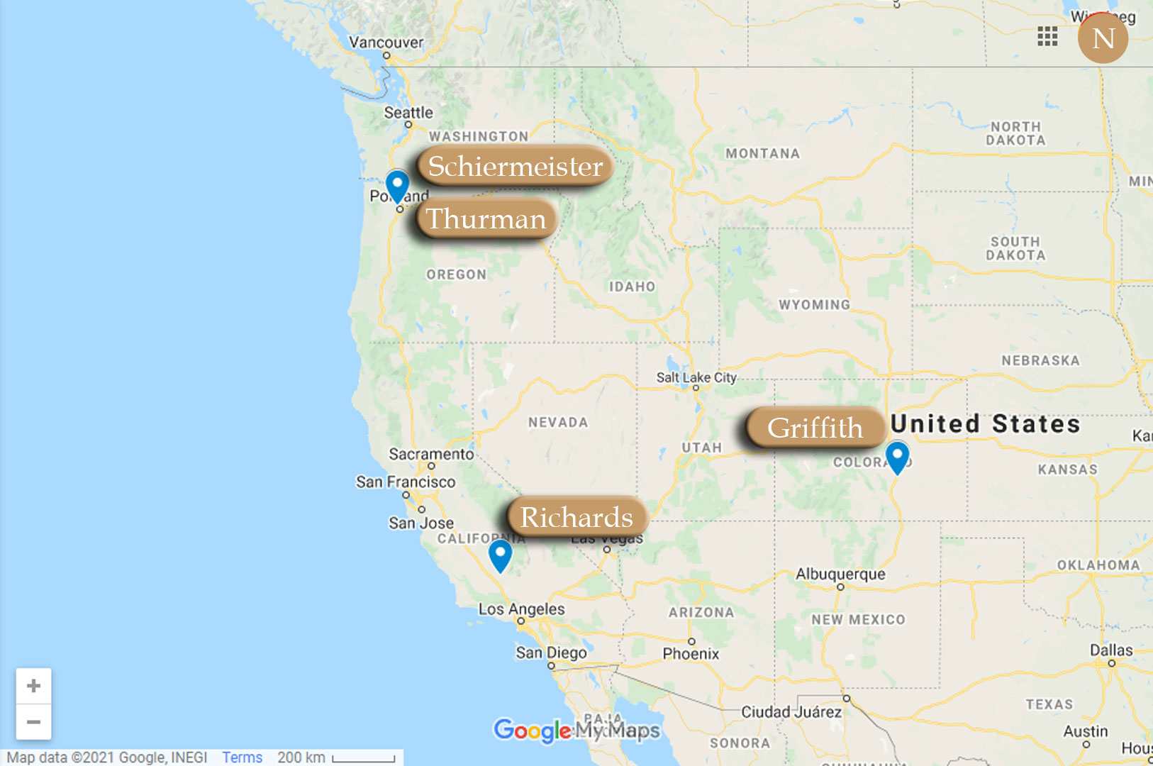 Map of the locations of bodies found, victims of Edwards