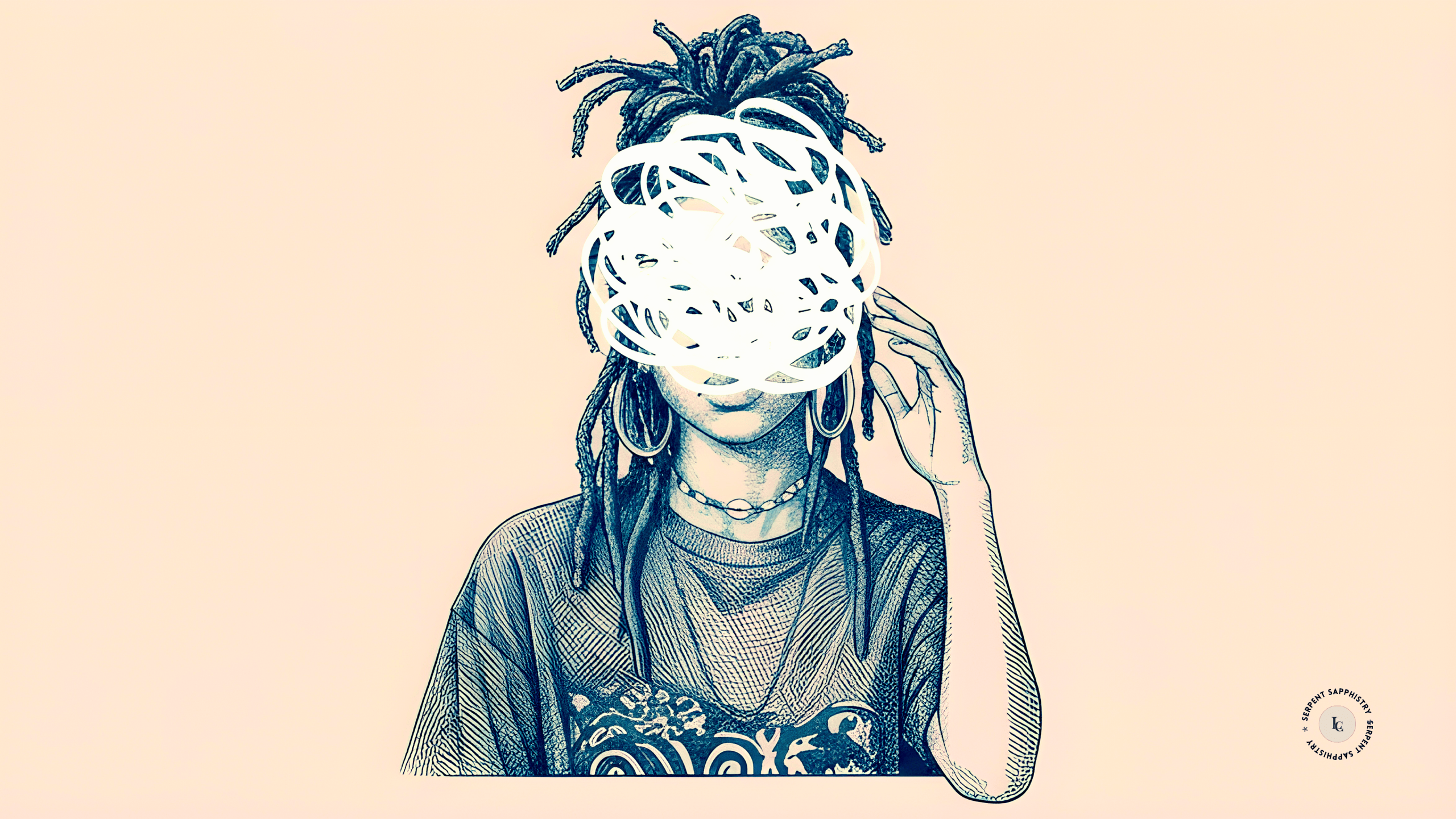 A Victorian-style engraving illustration of a young Black woman with locs, gold hoop earrings, and layered necklaces, her face obscured by a dense tangle of white looping lines suggesting mental overwhelm or emotional noise.