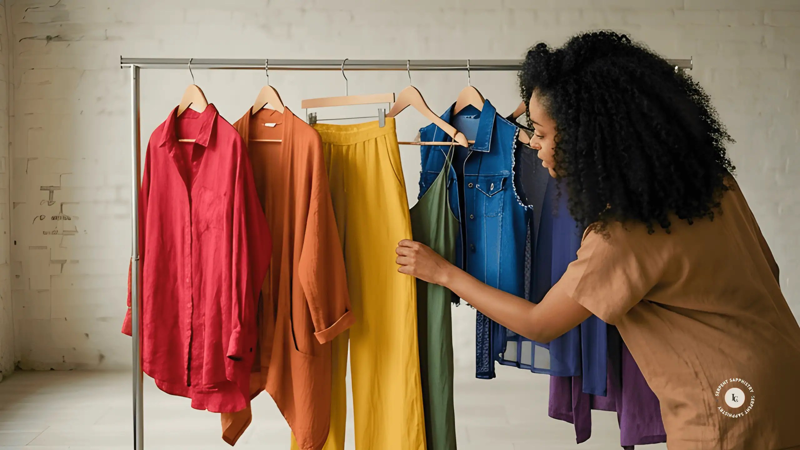 A black woman with natural coily hair browses a clothing rack arranged in rainbow color order, reaching toward the garments in a moment of intentional selection.