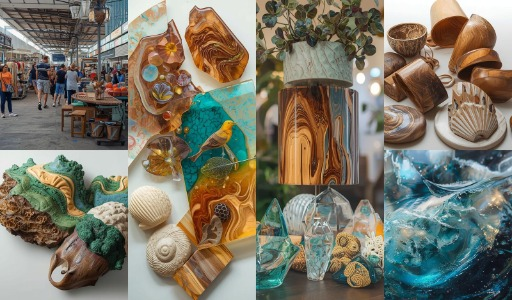 Imagem representando as diversas regiões brasileiras. São produtos artesanais de resina epóxi, usando-se produtos da natureza, madeiras, conchas marinhas, etc.  