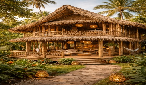 Casa ecológica feita com fibras de coco e materiais naturais, com design rústico e elegante, cercada por vegetação tropical e decorada com iluminação artesanal sustentável.
