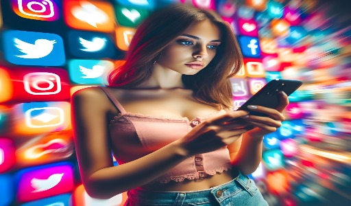 Na imagem, vemos uma menina  com seu celular navegando nas redes sociais e uma artesã divulgando seus posts de artesanato.  A imagem de fundo está cheia de logotipos de redes sociais. 
