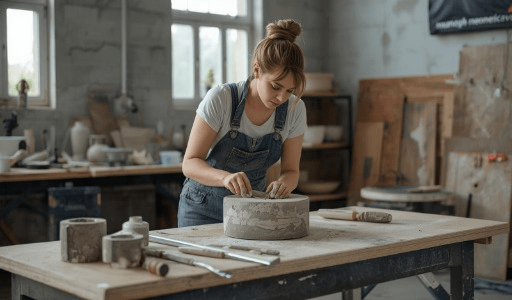 Na imagem, mostra-se uma artesã trabalhando em seu ateliê, fazendo peças de concreto artesanal. 