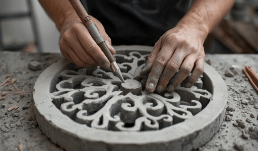 Artesão usando sua criatividade para criar peças artesanais em concreto. 