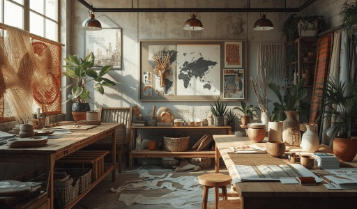 O artesanato com decoração sofisticada pode ser direcionado a uma espécie de público-alvo; o importante é conhecer seu público e direcionar seu trabalho  corretamente. Na imagem temos um ateliê bem montado, direcionado para vasos e cestos.  