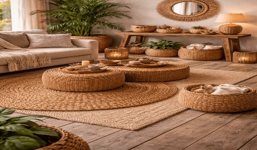 Artesanato com fibras de coco em ambiente decorado, com tapetes resistentes, cestos organizadores e objetos naturais que unem estética rústica e praticidade no dia a dia.