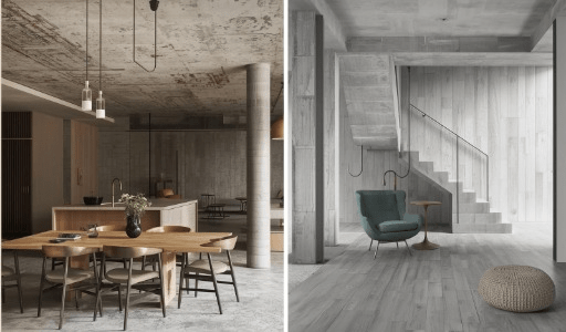 Design de interiores em concreto: vemos na imagem dois ambientes internos, sala de concreto decorada com mesas, cadeiras e uma ilha. A outra imagem apresenta um ambiente com uma poltrona verde, um puff e uma escadaria ao fundo, ambiente em concreto. 