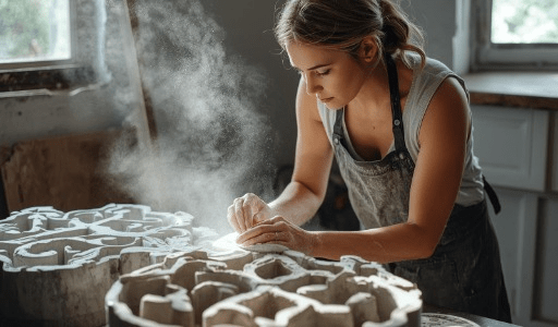 Na imagem, vê-se uma artesã trabalhando em uma peça decorativa em concreto. 