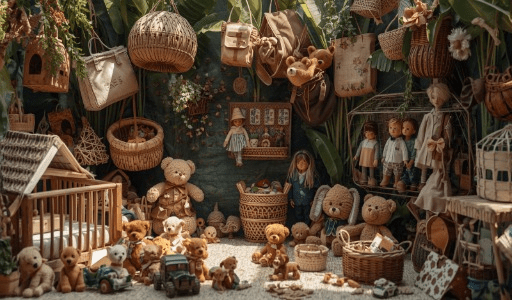 Vemos nesta imagem um estande de peças artesanais; são várias peças já posicionadas, com identidade visual e reputação das peças consolidada no mercado de produtos artesanais. Ursos, bonecas, casinhas, cachorrinhos,sacolas, bolsas etc. 