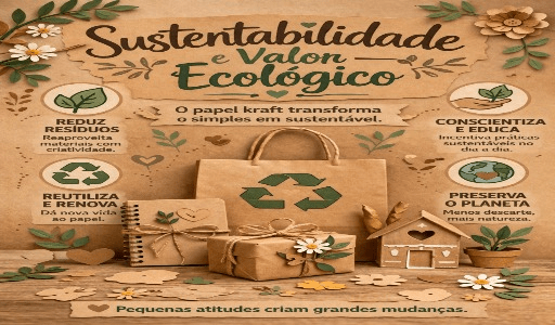 Imagem de artesanato com papel kraft apresentando itens decorativos sustentáveis, como sacolas, caixas e caderno reciclável, destacando o valor ecológico, a preservação ambiental e o consumo consciente.