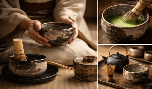 cerâmica japonesa Raku-yaki utilizada na cerimônia do chá, refletindo filosofia wabi-sabi e estética minimalista japonesa.