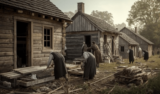 Mostra um grupo de mulheres quaker trabalhando em equipe na construção de suas casas.