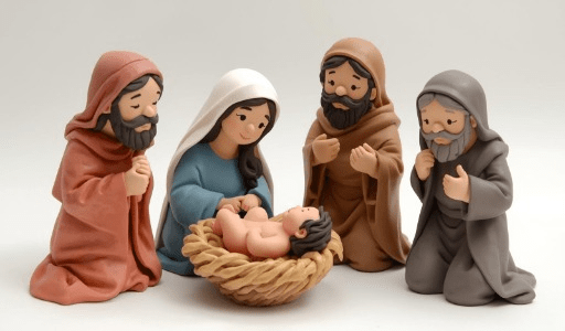 Na imagem vemos José, Maria e o menino Jesus, e mais dois Reis Magos, todos ajoelhados ao lado do berço de Jesus.