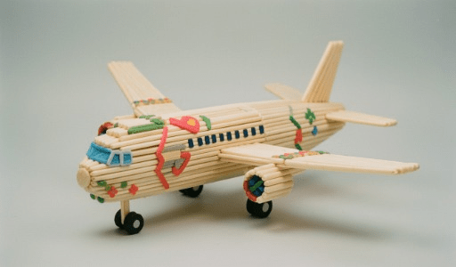 Na imagem vemos um avião cargueiro com palitos de picolé decorado com flores vermelhas, janela frontal azul e lateral preta. A aeronave está decorada com corações vermelhos  e algumas florezinhas verdes, muito bonito. 