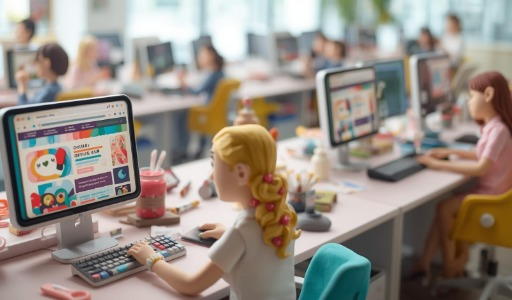 Na imagem temos várias artesãs estudando projetos de biscuit por meio da internet. Trata-se de um curso de ensino digital. Elas estão todas sentadas em frente a seus monitores.