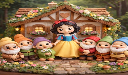 Nesta imagem, contém 7 anões e uma mocinha linda na frente de sua casinha na floresta, bem colorida e com bastante flores. São biscuit as massas de biscuit que se tornaram nestas figuras maravilhosas. 