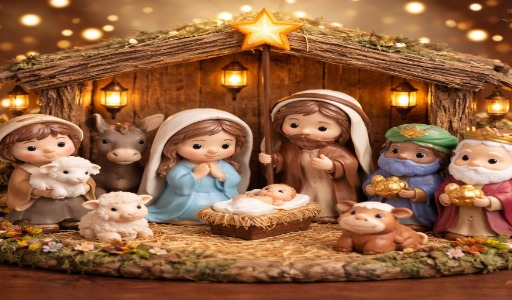 Na imagem temos o menino Jesus, Maria e José, 2 ovelhinhas, um burrinho e uma vaquinha, e três reis magos, todos feitos em biscuit. 