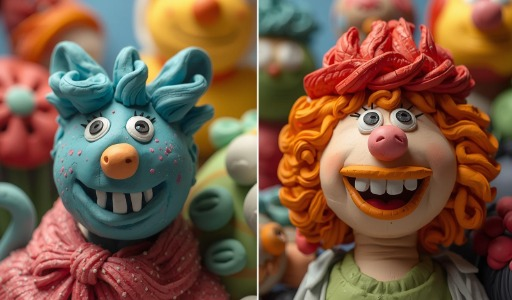 Na imagem temos dois biscuit duas mulheres feias com dentes para fora. São bem coloridas; acho que elas pintam o cabelo. Uma com o cabelo laranjado e a outra com cabelo azul-claro horrível.   