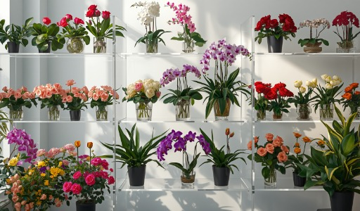 Viveiro de flores em acrílico com prateleiras
Estrutura de prateleiras em acrílico transparente com três níveis exibindo rosas coloridas (coral, vermelho, branco e rosa), orquídeas roxas, tulipas e outras flores em vasos de vidro e cerâmica. Plantas tropicais nas laterais. Luz natural suave sobre fundo branco minimalista, destacando a transparência do acrílico. Design contemporâneo e sofisticado.