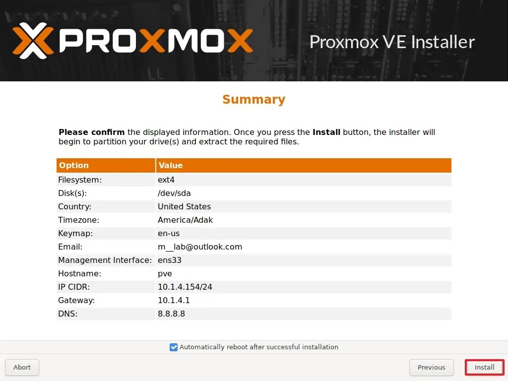 Proxmox install from USB