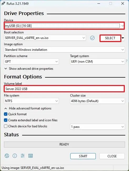 Rufus create Windows Server 2022 USB