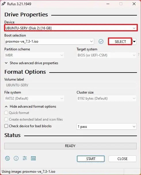 Rufus create Proxmox bootable USB