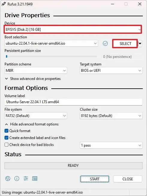 Rufus create Ubuntu Server USB