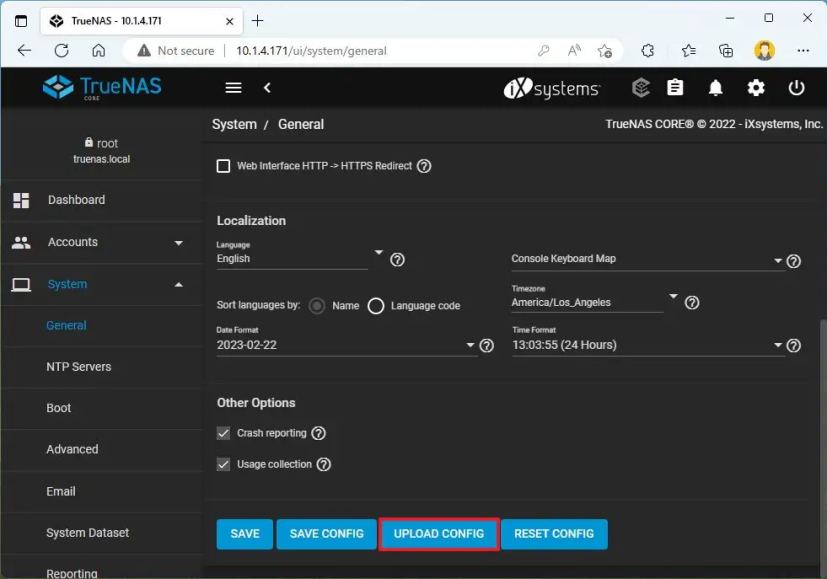 TrueNAS upload config