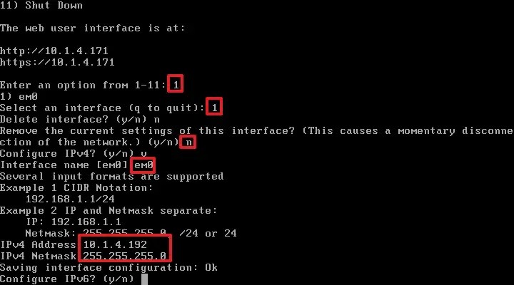 TrueNAS console set static IP address