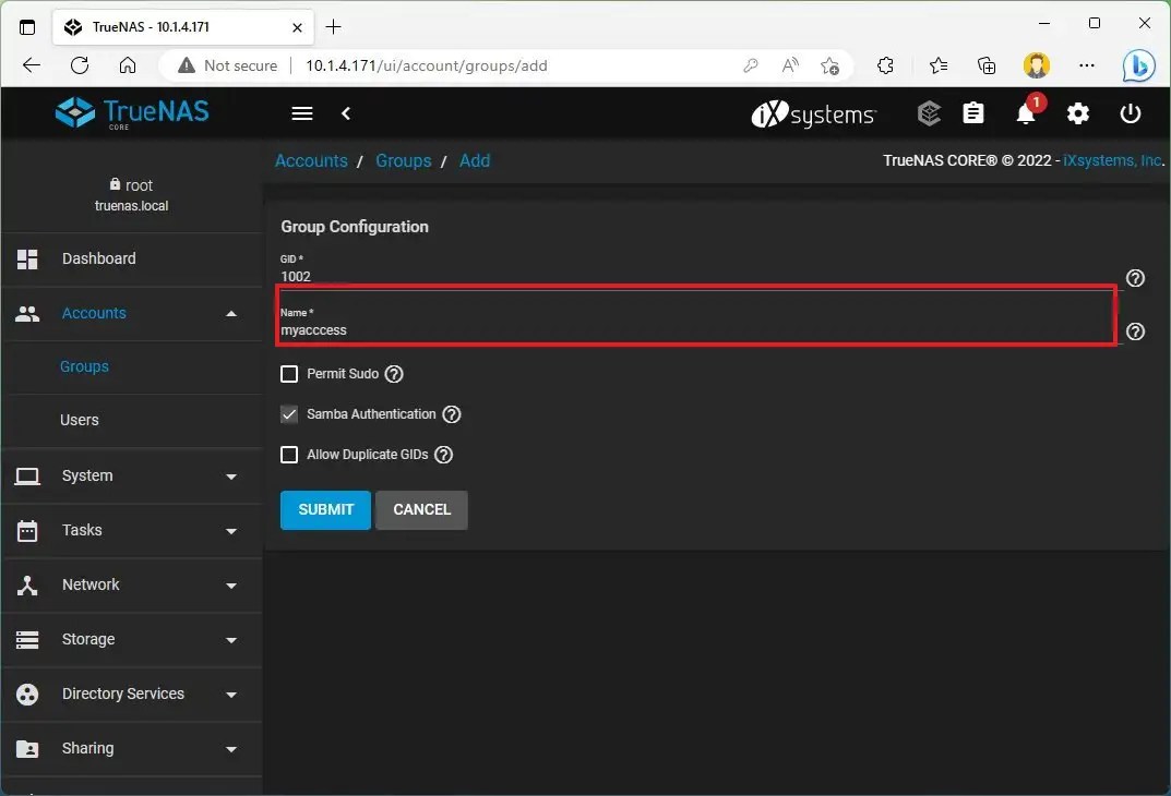 TrueNAS create group
