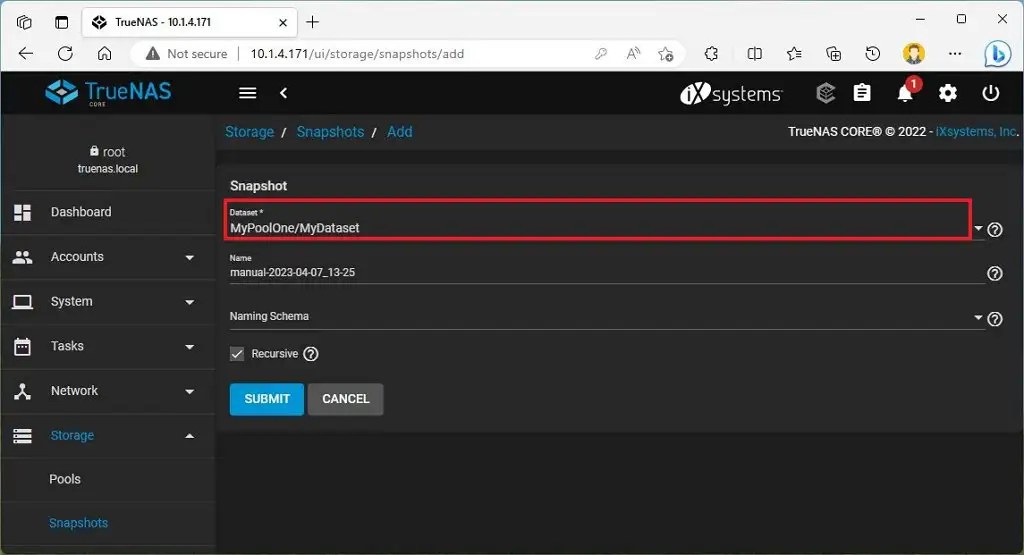 TrueNAS create snapshot manually