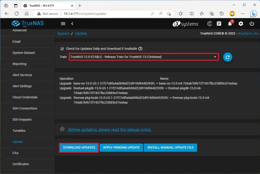 TrueNAS Core download updates