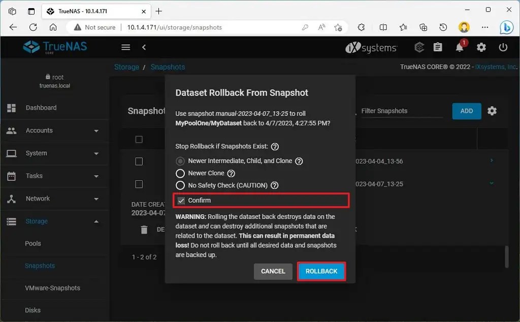 TrueNAS dataset rollback from snapshot settings