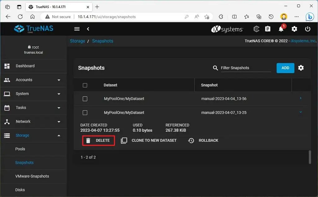 TrueNAS delete snapshot