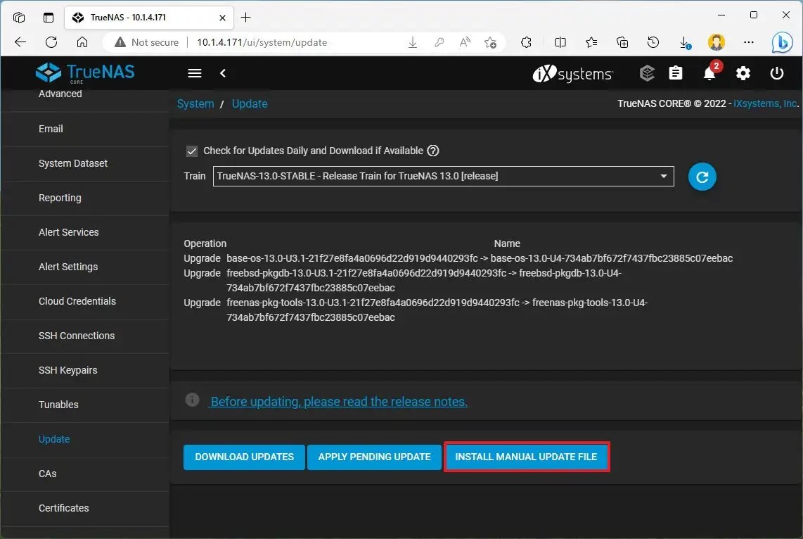 TrueNAS install manual update file