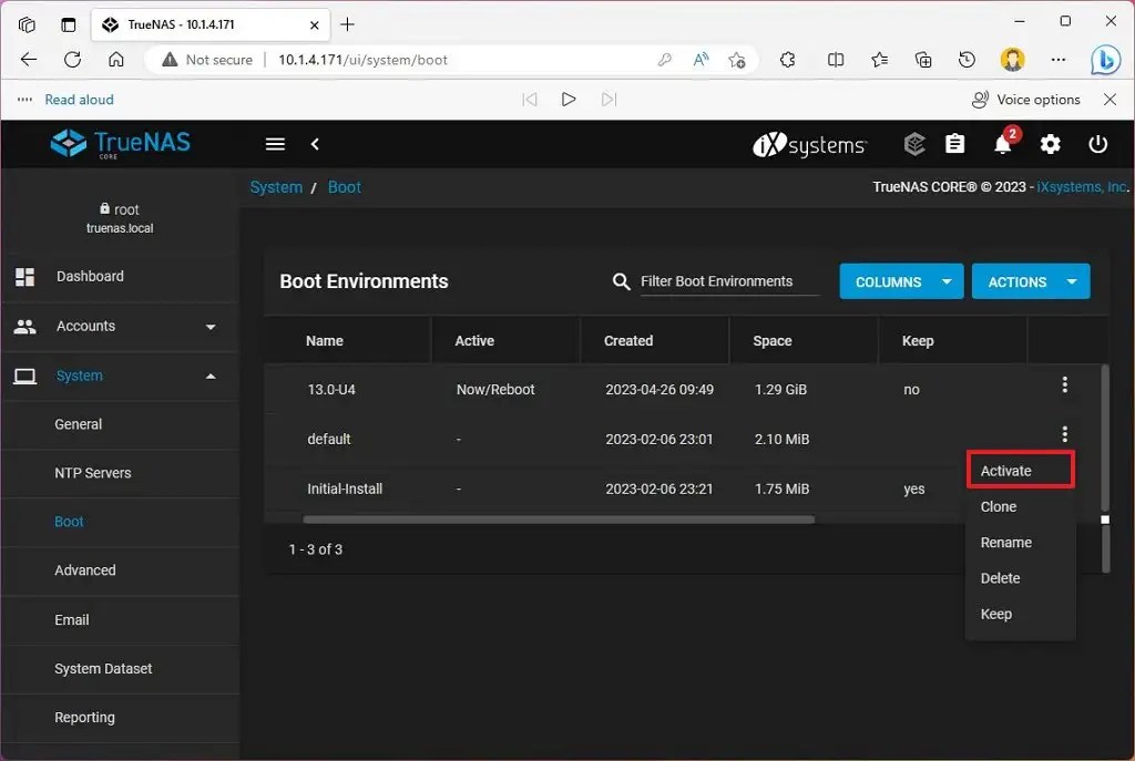 TrueNAS rollback option