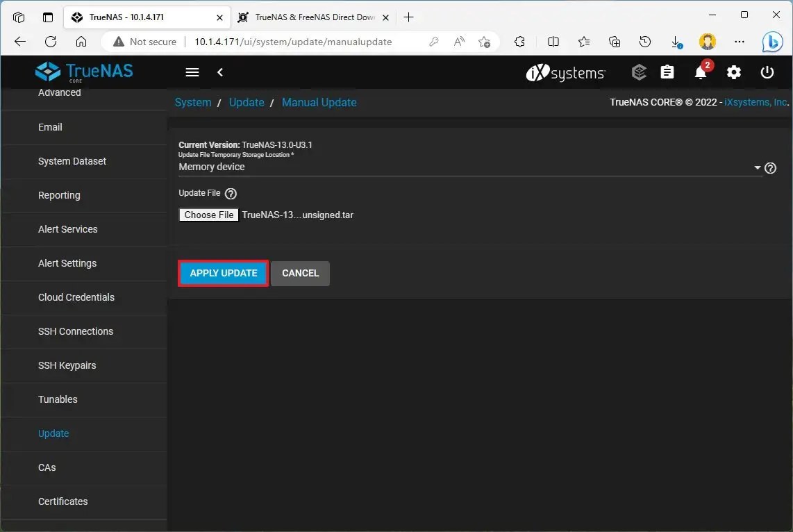 TrueNAS apply update file