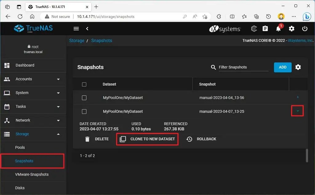 TrueNAS clone snapshot settings