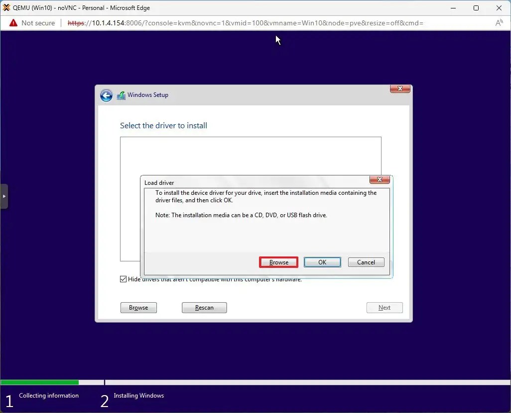 Windows Setup browse Proxmox drivers