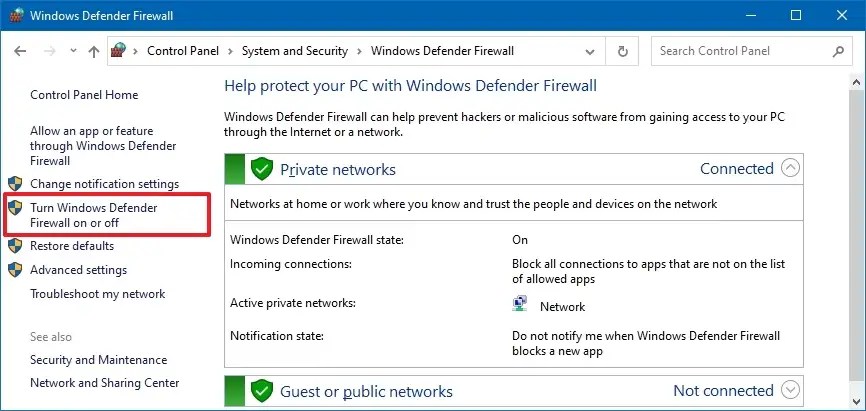 Control Panel firewall settings