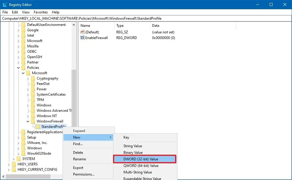 Registry disable Windows Server firewall