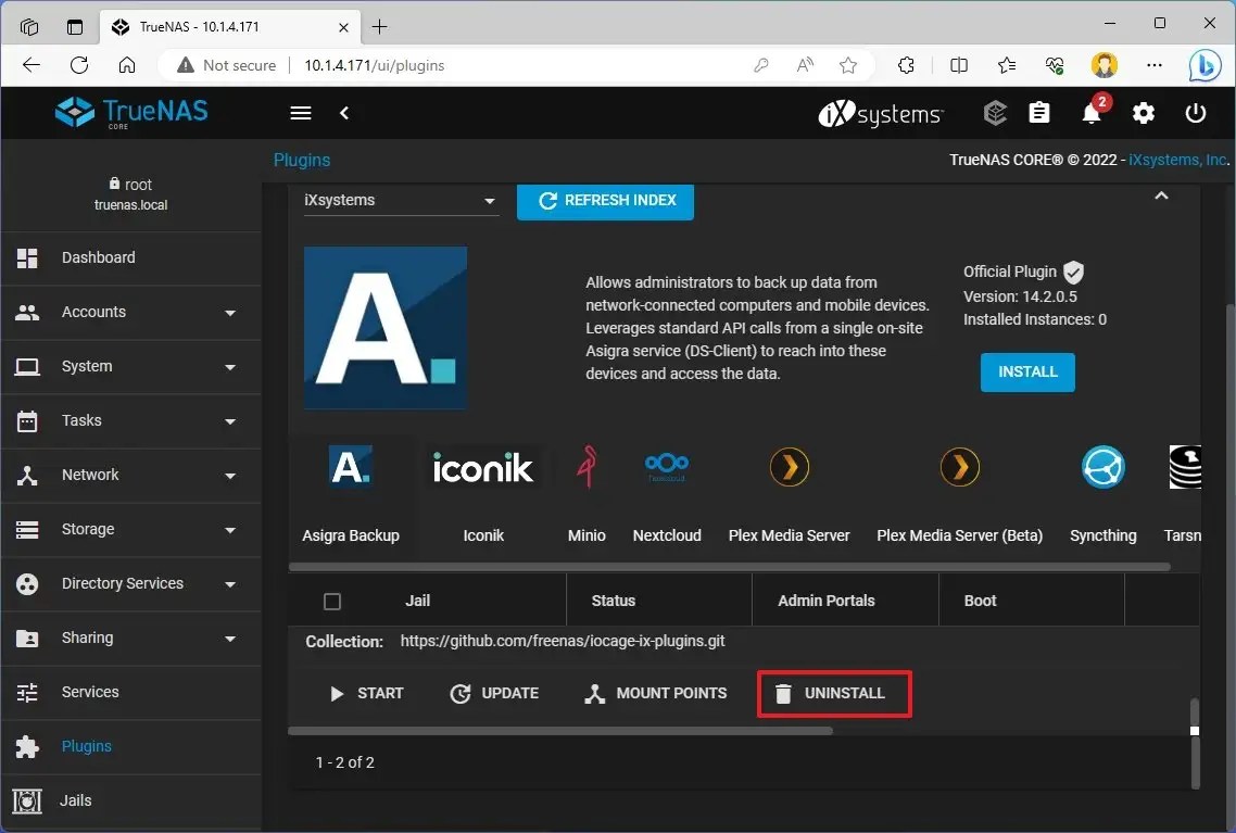 TrueNAS uninstall plugin